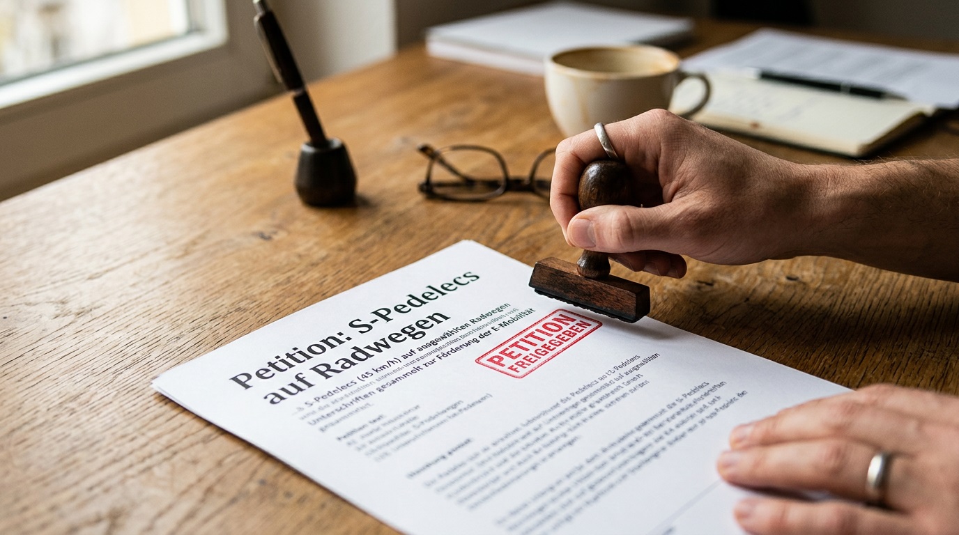 Symbolbild: Ein Petitionsantrag 'Petition: S-Pedelecs auf Radwegen' wird mit dem Stempel 'Petition freigegeben' versehen