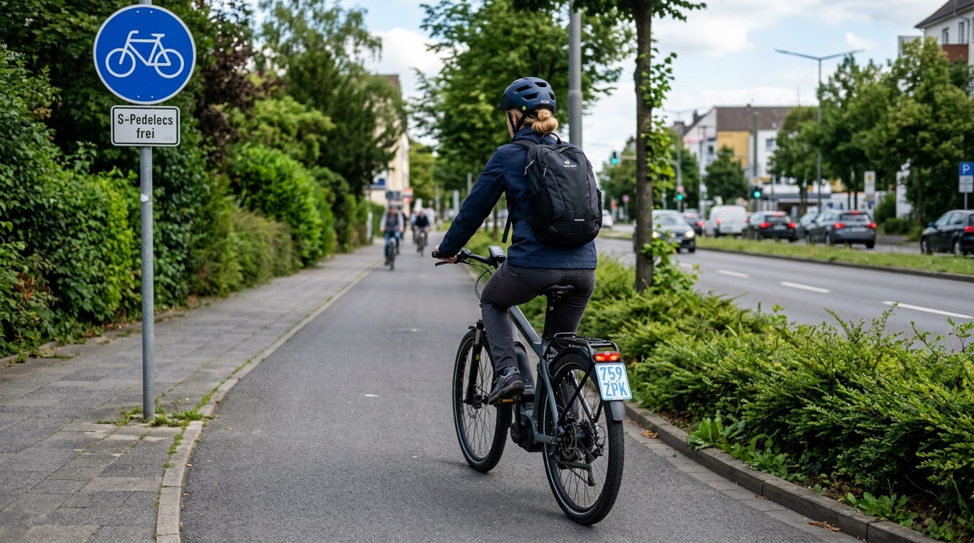 S-Pedelec-Fahrerin nutzt entspannt einen Radweg mit Zusatzschild 'S-Pedelecs frei' &mdash; so k&ouml;nnte die freigegebene Situation aussehen