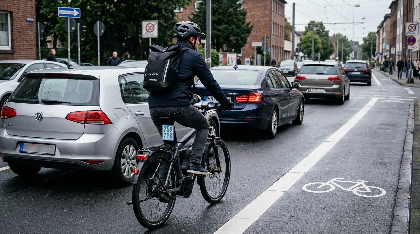 S-Pedelec-Fahrer muss im dichten Autoverkehr auf der Fahrbahn fahren, obwohl direkt daneben ein Radfahrstreifen verl&auml;uft, den er nicht benutzen darf